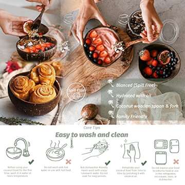 Lifgif Coconut Bowls with Wooden Spoons and Forks - Set of 4 - For Breakfast Salad, Smoothie Bowls, Buddha Bowls & Wood Acai Bowls Set - Wooden Salad Bowls - Vegan Coconut Shell Bowls