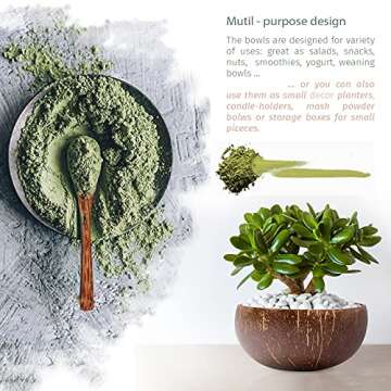 Lifgif Coconut Bowls with Wooden Spoons and Forks - Set of 4 - For Breakfast Salad, Smoothie Bowls, Buddha Bowls & Wood Acai Bowls Set - Wooden Salad Bowls - Vegan Coconut Shell Bowls