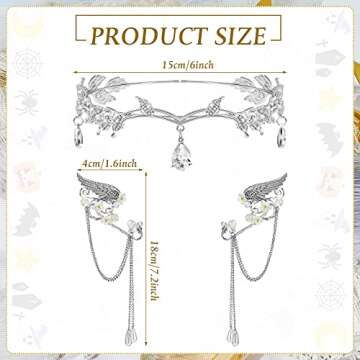 Hicarer 3 Pcs Halloween Rhinestone Leaf Headband Metal Elf Ears Fairy Costume Crown Princess Cosplay...