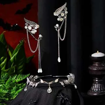 Hicarer 3 Pcs Halloween Rhinestone Leaf Headband Metal Elf Ears Fairy Costume Crown Princess Cosplay for Women(Silver)