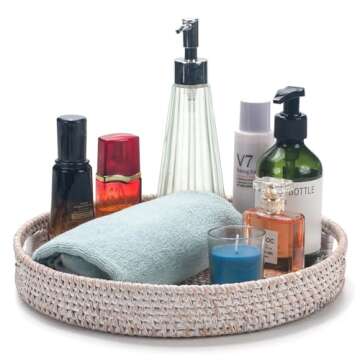 11.8 inch Round Rattan Tray, Decorative Coffee Table Tray, Ottoman Tray, Woven Serving Tray with Han...