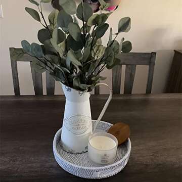 11.8 inch Round Rattan Tray, Decorative Coffee Table Tray, Ottoman Tray, Woven Serving Tray with Handles, Wicker Serving Basket, Whitewash