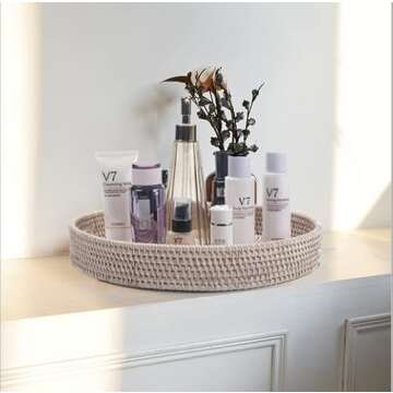 11.8 inch Round Rattan Tray, Decorative Coffee Table Tray, Ottoman Tray, Woven Serving Tray with Handles, Wicker Serving Basket, Whitewash