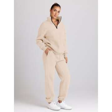 Trendy Queen Womens 2 Piece Outfits Long Sleeve Sweatsuits Half Zip Sweatshirts with Fleece Joggers Sweatpants Apricot M