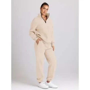 Trendy Queen Womens 2 Piece Outfits Long Sleeve Sweatsuits Half Zip Sweatshirts with Fleece Joggers Sweatpants Apricot M