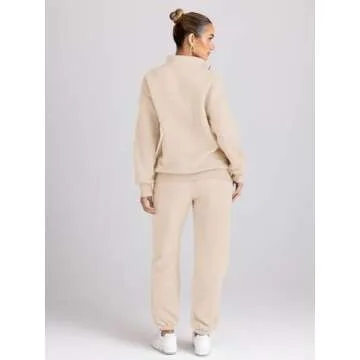 Trendy Queen Womens 2 Piece Outfits Long Sleeve Sweatsuits Half Zip Sweatshirts with Fleece Joggers Sweatpants Apricot M