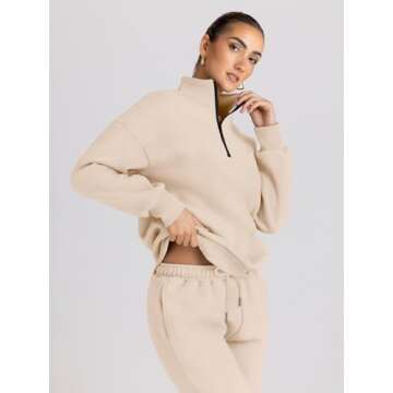 Trendy Queen Womens 2 Piece Outfits Long Sleeve Sweatsuits Half Zip Sweatshirts with Fleece Joggers Sweatpants Apricot M