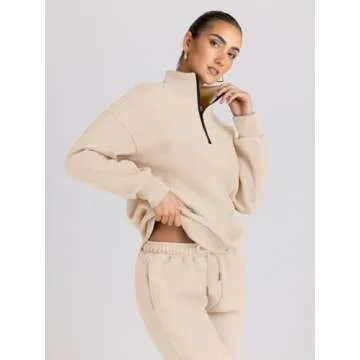 Trendy Queen Womens 2 Piece Outfits Long Sleeve Sweatsuits Half Zip Sweatshirts with Fleece Joggers Sweatpants Apricot M