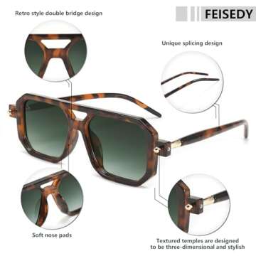 FEISEDY Vintage 70s Square Aviator Sunglasses UV400 Protection