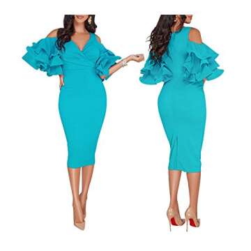 VERWIN Solid Flounced Sleeves Cold Shoulder V Neck Elegant Sexy Party Evening Midi Dress Bodycon Dress Blue S