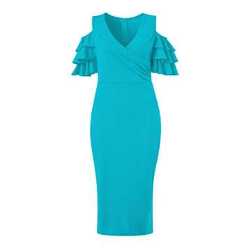 VERWIN Solid Flounced Sleeves Cold Shoulder V Neck Elegant Sexy Party Evening Midi Dress Bodycon Dress Blue S