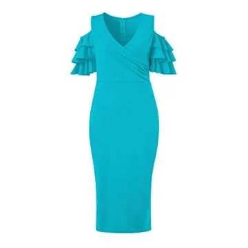 VERWIN Solid Flounced Sleeves Cold Shoulder V Neck Elegant Sexy Party Evening Midi Dress Bodycon Dress Blue S
