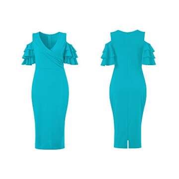 VERWIN Solid Flounced Sleeves Cold Shoulder V Neck Elegant Sexy Party Evening Midi Dress Bodycon Dress Blue S