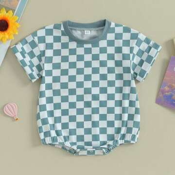 Karuedoo Newborn Baby Girl Clothes Checkered T-Shirt Bubble Romper Oversized Short Sleeve Onesie One-Piece Summer Outfit (A-Light Blue, 6-12 Months)