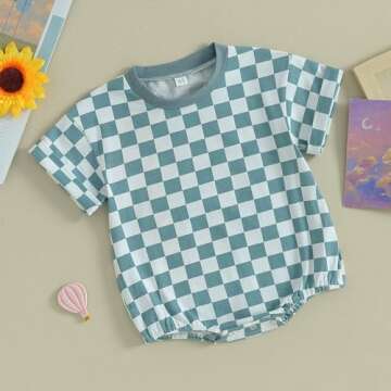 Karuedoo Newborn Baby Girl Clothes Checkered T-Shirt Bubble Romper Oversized Short Sleeve Onesie One-Piece Summer Outfit (A-Light Blue, 6-12 Months)