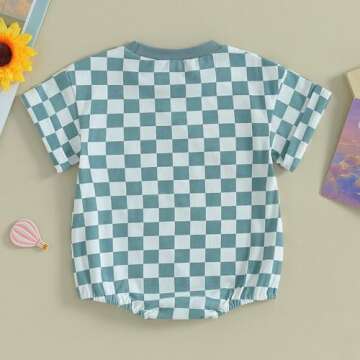 Karuedoo Newborn Baby Girl Clothes Checkered T-Shirt Bubble Romper Oversized Short Sleeve Onesie One-Piece Summer Outfit (A-Light Blue, 6-12 Months)