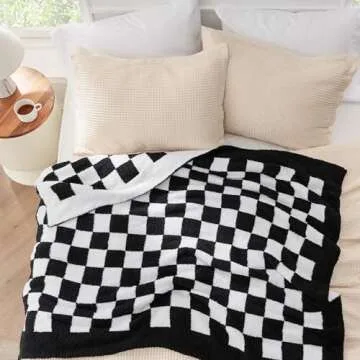 Bedsure Checkered Throw Blanket for Couch - Super Soft, Cozy & Warm Knit Blanket, Breathable, Lightweight & Fluffy for Bed & Sofa, Checkered Black, 60x80 Inches