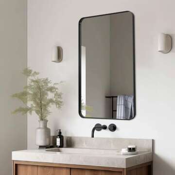 ANDY STAR Black Bathroom Mirror, 24”x40” Rounded Corner Rectangle Mirror, Modern Metal Frame Bat...