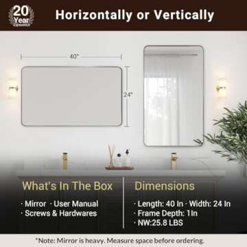 ANDY STAR Black Bathroom Mirror, 24”x40” Rounded Corner Rectangle Mirror, Modern Metal Frame Bathroom Vanity Mirror(Matte Black Finish)