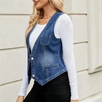 Ladyful Women's Classic Crop Denim Waistcoat Vest Sleeveless Jean Vest Top Coat