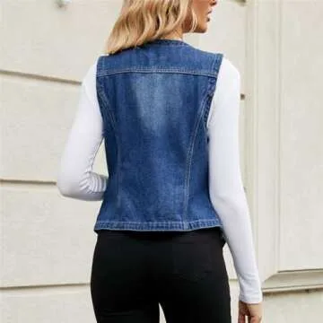 Ladyful Women's Classic Crop Denim Waistcoat Vest Sleeveless Jean Vest Top Coat