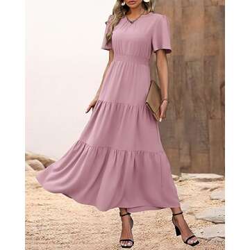 PRETTYGARDEN Women's Summer Casual Short Flutter Sleeve Round Neck Smocked Waist Tiered Boho Floral ...