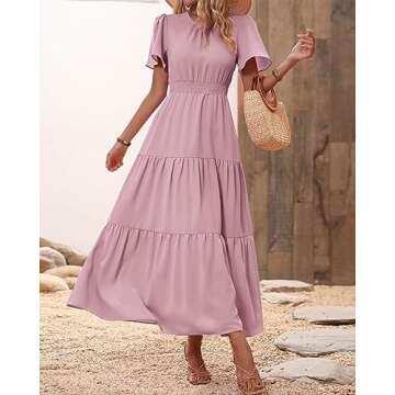 PRETTYGARDEN Women's Summer Casual Short Flutter Sleeve Round Neck Smocked Waist Tiered Boho Floral Flowy Maxi Dress(Solid Pink,XX-Large)