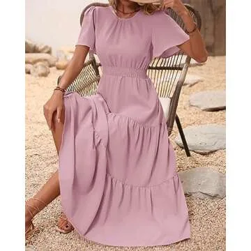 PRETTYGARDEN Women's Summer Casual Short Flutter Sleeve Round Neck Smocked Waist Tiered Boho Floral Flowy Maxi Dress(Solid Pink,XX-Large)