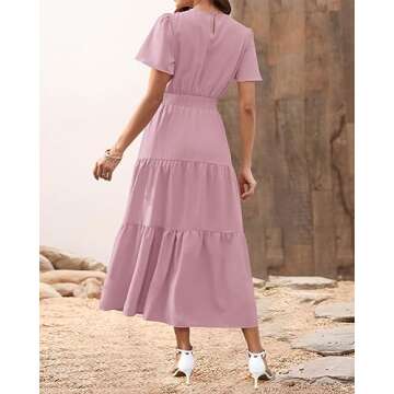 PRETTYGARDEN Women's Summer Casual Short Flutter Sleeve Round Neck Smocked Waist Tiered Boho Floral Flowy Maxi Dress(Solid Pink,XX-Large)