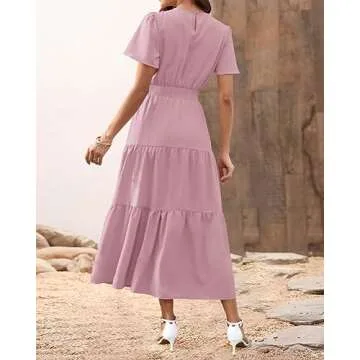 PRETTYGARDEN Women's Summer Casual Short Flutter Sleeve Round Neck Smocked Waist Tiered Boho Floral Flowy Maxi Dress(Solid Pink,XX-Large)