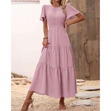 PRETTYGARDEN Women's Summer Casual Short Flutter Sleeve Round Neck Smocked Waist Tiered Boho Floral Flowy Maxi Dress(Solid Pink,XX-Large)