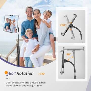 Aureday Stand Floor, 67” Height Adjustable Tripod Stand, Tablet Stand with Extendable Holder for iPad Mini/ Air/ Pro, Kindle, Switch, Smartphones, and All 4.7" to 12.9" Devices