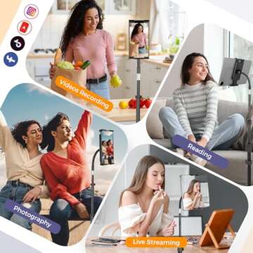 Aureday Stand Floor, 67” Height Adjustable Tripod Stand, Tablet Stand with Extendable Holder for iPad Mini/ Air/ Pro, Kindle, Switch, Smartphones, and All 4.7" to 12.9" Devices