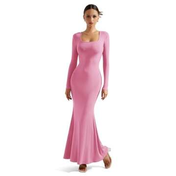 SUUKSESS Women Ribbed Maxi Long Sleeve Dress Square Neck Sexy Bodycon Dresses (Hot Pink,L)