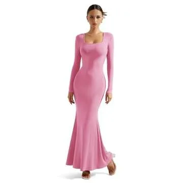 SUUKSESS Women Ribbed Maxi Long Sleeve Dress Square Neck Sexy Bodycon Dresses (Hot Pink,L)