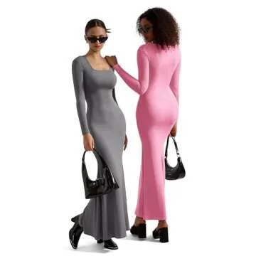 SUUKSESS Women Ribbed Maxi Long Sleeve Dress Square Neck Sexy Bodycon Dresses (Hot Pink,L)