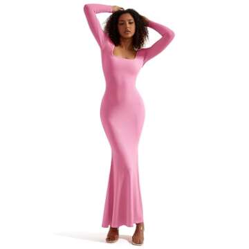 SUUKSESS Women Ribbed Maxi Long Sleeve Dress Square Neck Sexy Bodycon Dresses (Hot Pink,L)