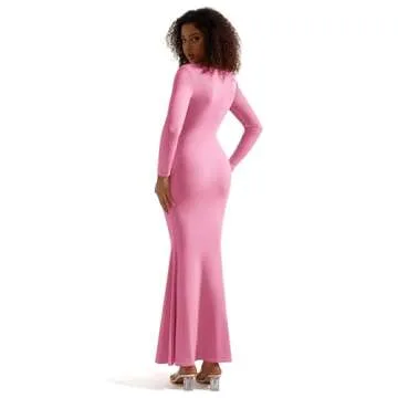 SUUKSESS Women Ribbed Maxi Long Sleeve Dress Square Neck Sexy Bodycon Dresses (Hot Pink,L)