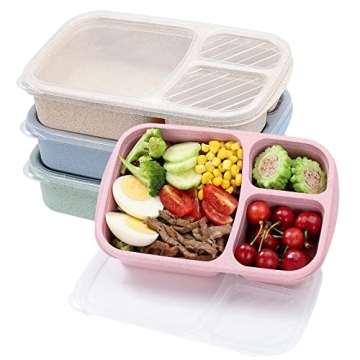 buluker 4 Pack Bento Lunch Box Set 3 Compartment Wheat Straw Meal Prep Food Storage Containers Plast...
