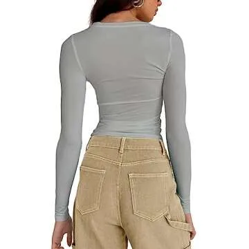 Abardsion Women's Casual Basic Going Out Crop Tops Slim Fit Long Sleeve Crew Neck Tight T Shirts