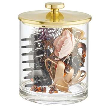 mDesign Medium Modern Apothecary Storage Organizer Canister Jars - Acrylic Containers for Bathroom, Organization Holder for Vanity, Counter, Makeup Table, Lumiere Collection, 4 Pack, Clear/Soft Brass