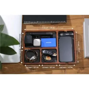 Shinpuru Wooden Valet Tray with Leather Inlay - Nightstand & Desk Organizer - EDC Essentials Catchall Tray for Keys, Phone, Wallet, Watch, Earbuds - Stylish Storage (Wood)
