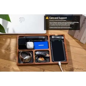 Shinpuru Wooden Valet Tray with Leather Inlay - Nightstand & Desk Organizer - EDC Essentials Catchall Tray for Keys, Phone, Wallet, Watch, Earbuds - Stylish Storage (Wood)