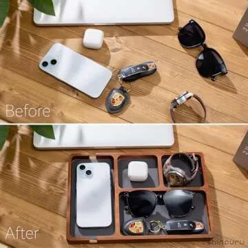 Shinpuru Wooden Valet Tray with Leather Inlay - Nightstand & Desk Organizer - EDC Essentials Catchall Tray for Keys, Phone, Wallet, Watch, Earbuds - Stylish Storage (Wood)