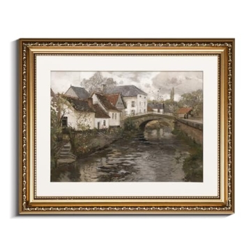 InSimSea Retro Gold Framed Wall Art, Home Room Riverside Small Town Vintage Wall Decor, Canvas Print...