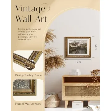 InSimSea Retro Gold Framed Wall Art, Home Room Riverside Small Town Vintage Wall Decor, Canvas Print Artwork, Farmhouse Country Decor, Antique Picture Frame Landscape Paintings, 13x16 Inch