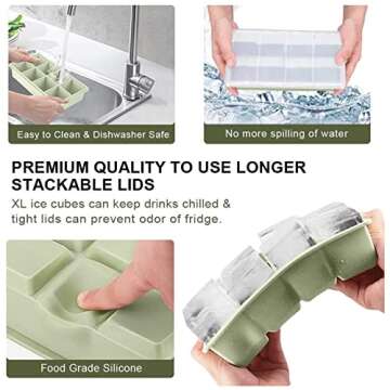 LessMo Ice Cube Tray with Lid - 2 Pack Large Silicone Ice Tray Molds for Freezer, BPA Free, Big Square Ice Cube for Whiskey, Cocktails, Baby Food, Juices