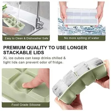 LessMo Ice Cube Tray with Lid - 2 Pack Large Silicone Ice Tray Molds for Freezer, BPA Free, Big Square Ice Cube for Whiskey, Cocktails, Baby Food, Juices