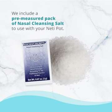 ANCIENT SECRETS Neti Pot Sinus Rinse + Pre-Measured Cleansing Salt Pack – Dishwasher-Safe Ceramic Model, Patented Ergonomic No-Leak Design, Nasal Cleansing Pot, Nasal Irrigation
