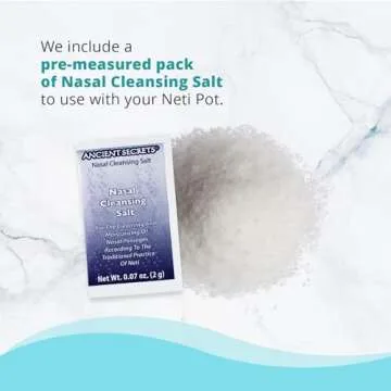 ANCIENT SECRETS Neti Pot Sinus Rinse + Pre-Measured Cleansing Salt Pack – Dishwasher-Safe Ceramic Model, Patented Ergonomic No-Leak Design, Nasal Cleansing Pot, Nasal Irrigation